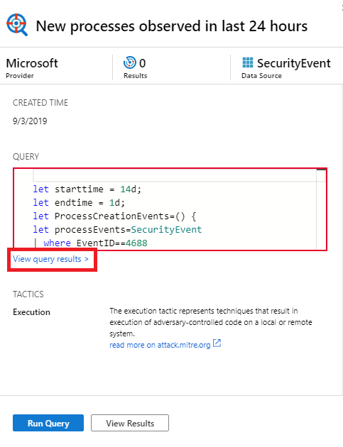 Screenshot der Anzeige von Abfrageergebnissen aus der Microsoft Sentinel-Suche.