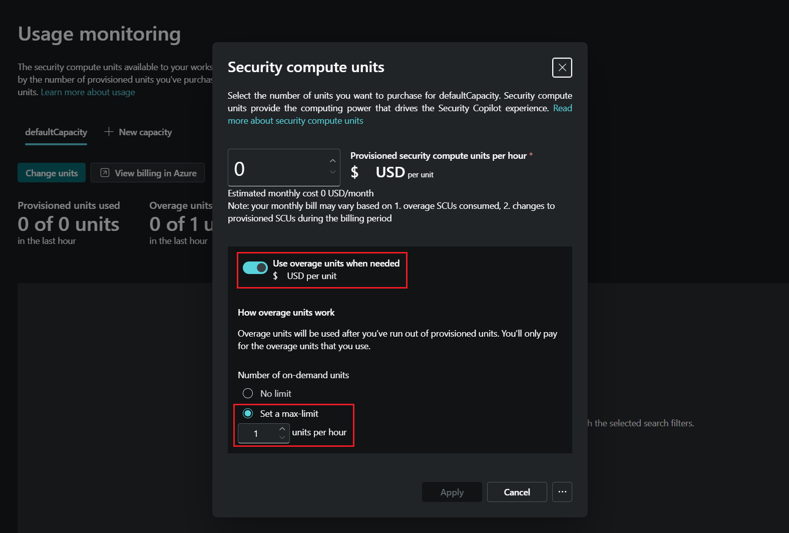 Screenshot der Einstellungen zur Überwachung der Sicherheitscopilot-Verwendung.