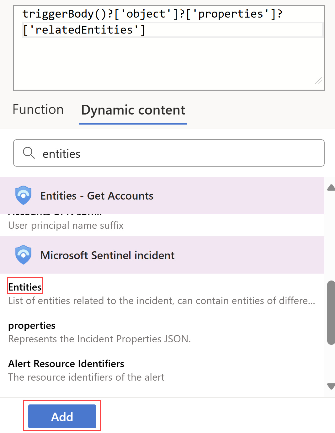 Screenshot der Auswahl des Entitätswerts im Logik-App-Designer.