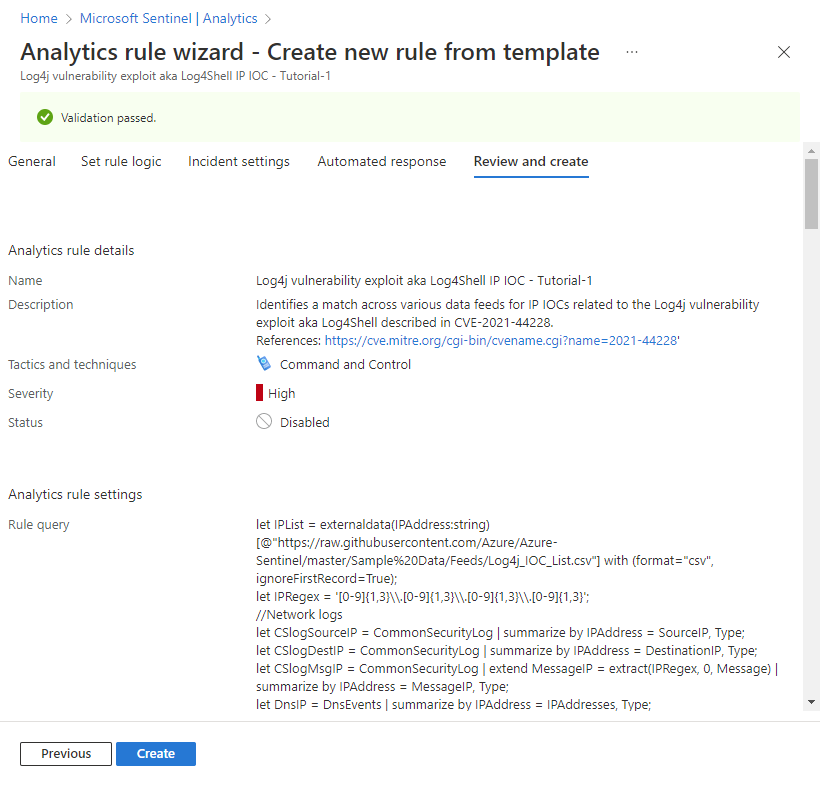 Screenshot der Registerkarte „Überprüfen und Erstellen“ des Assistenten für Analyseregeln.