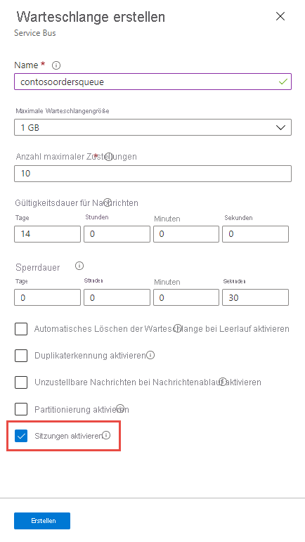 Aktivieren der Sitzung zum Zeitpunkt der Warteschlangenerstellung