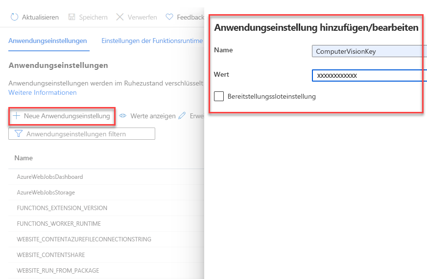 Ein Screenshot, der zeigt, wie eine neue Anwendungseinstellung zu einer Azure-Funktion hinzugefügt wird.