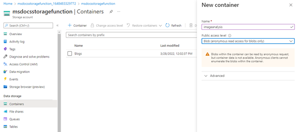 Screenshot: Erstellen eines neuen Speichercontainers.