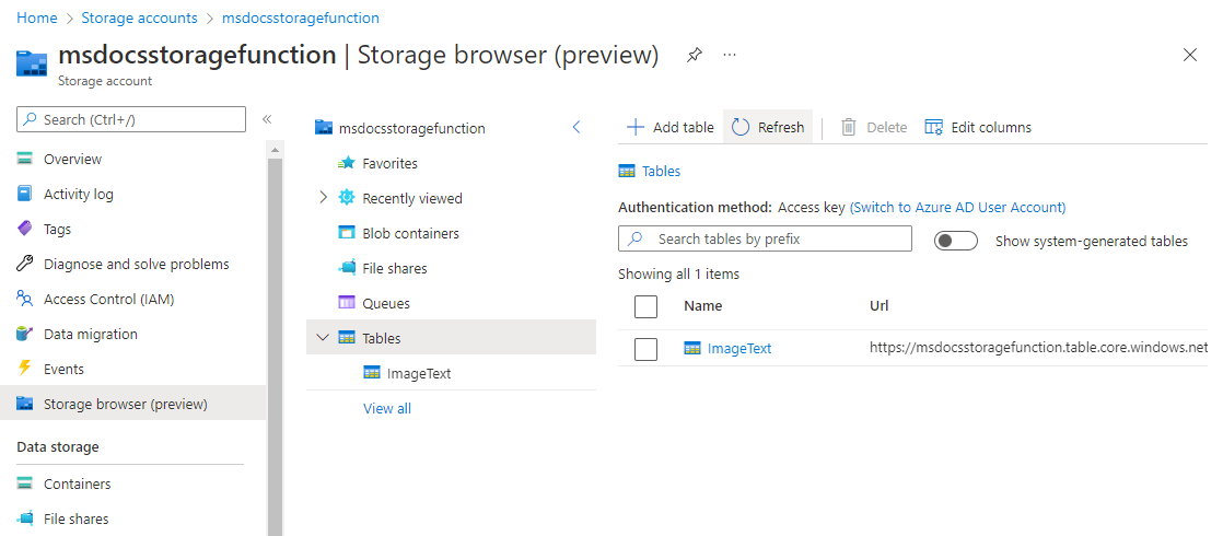 Ein Screenshot, der einen Texteintrag in Azure Table Storage zeigt.