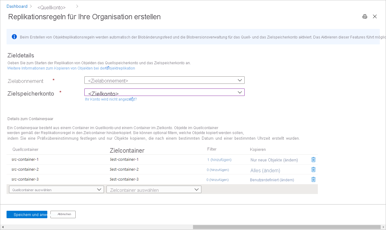 Screenshot mit Replikationsregeln in Azure portal