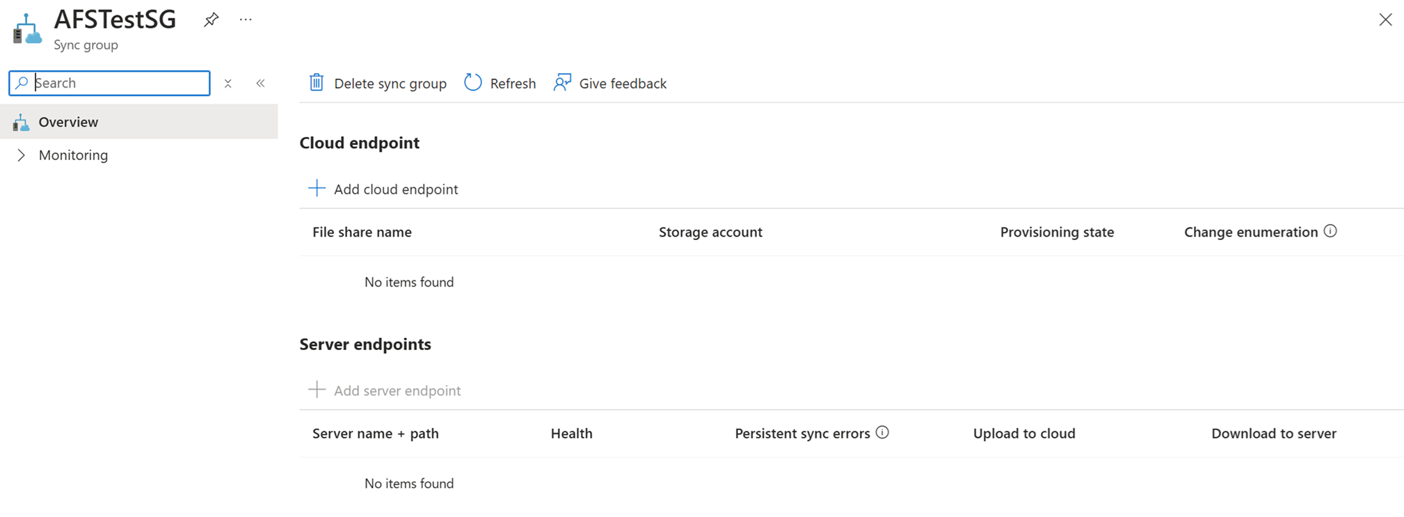 Screenshot von Informationen zu einer Synchronisierungsgruppe im Azure-Portal ohne Cloudendpunkt.