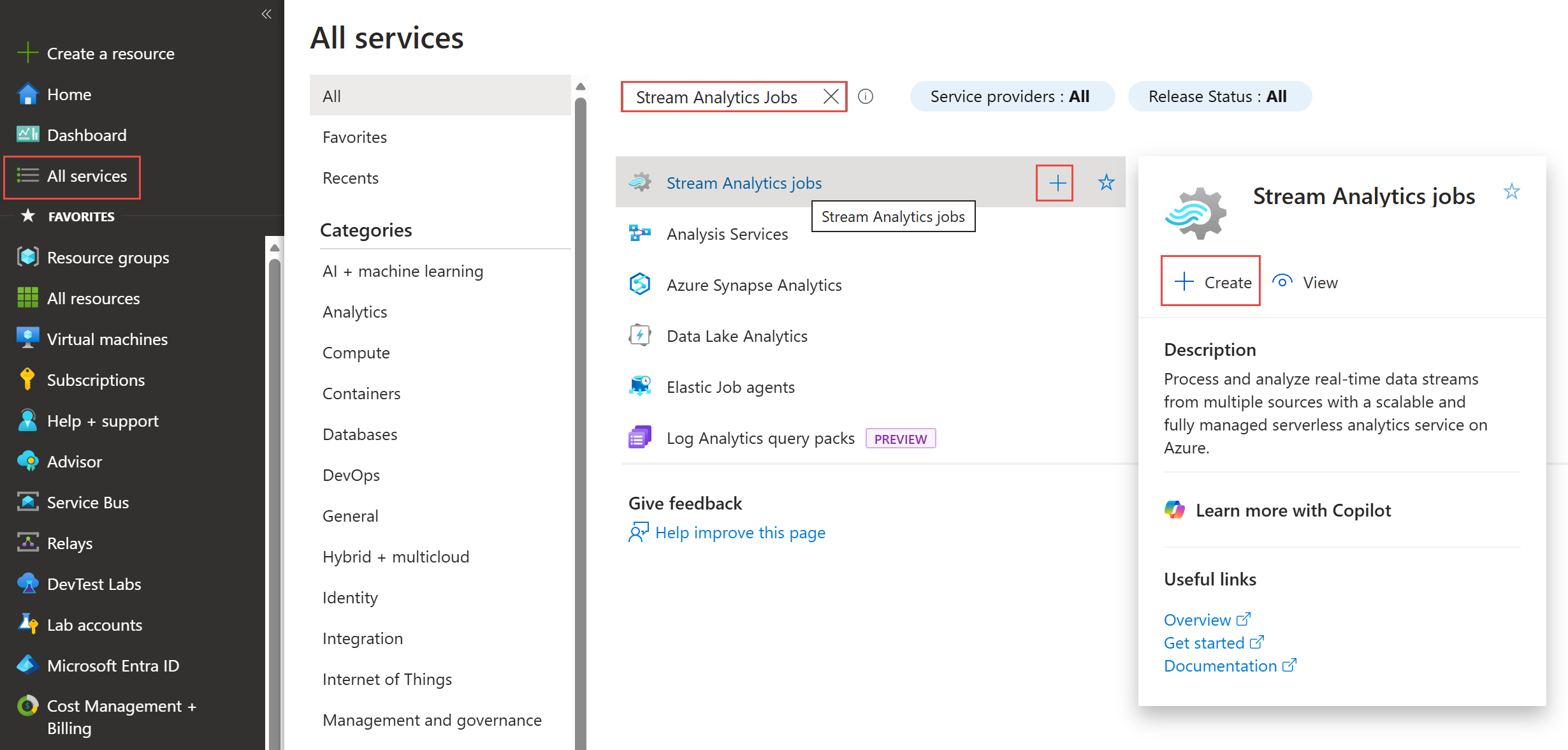 Screenshot, der zeigt, wie Sie Stream Analytics im Azure-Portal finden.