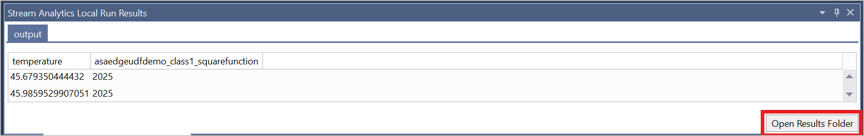 Anzeigen der Ergebnisse des lokalen Azure Stream Analytics-Auftrags mit Visual Studio