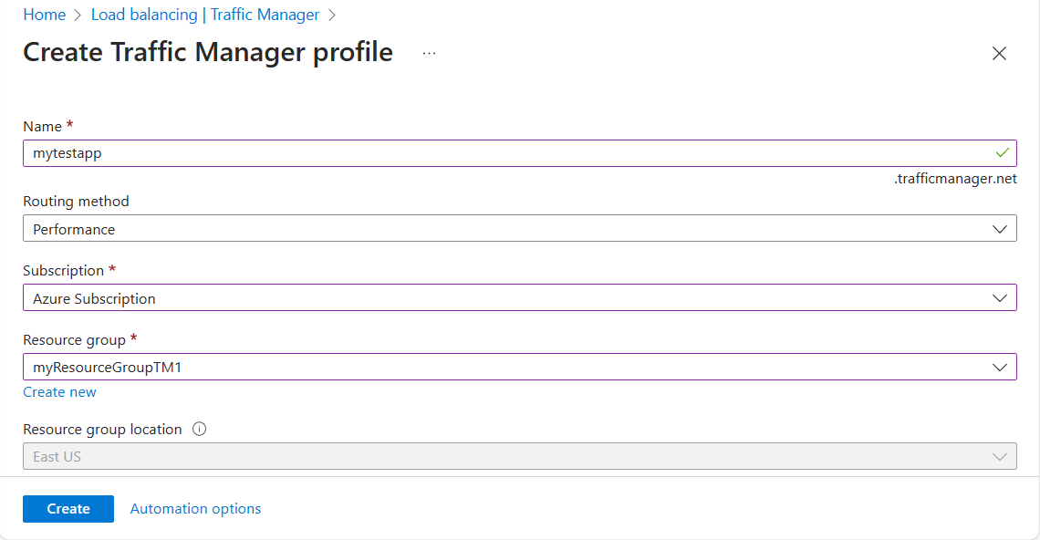 Screenshot des Erstellens eines Traffic Manager-Profils mit Performance-Routing.