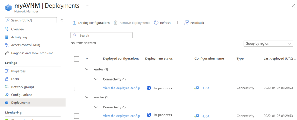 Screenshot mit dem Status „Bereitstellung wird ausgeführt“ in der Bereitstellungsliste