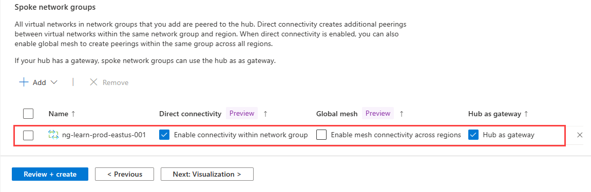 Screenshot der Einstellungen für die Netzwerkgruppenkonfiguration.