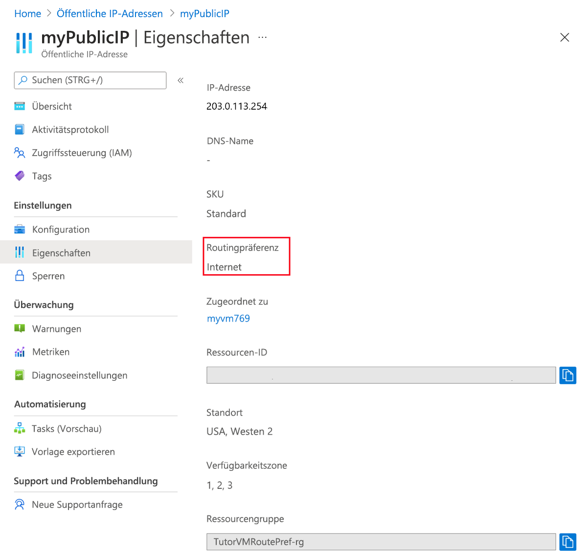Screenshot der Überprüfung der Internet-Routingpräferenz
