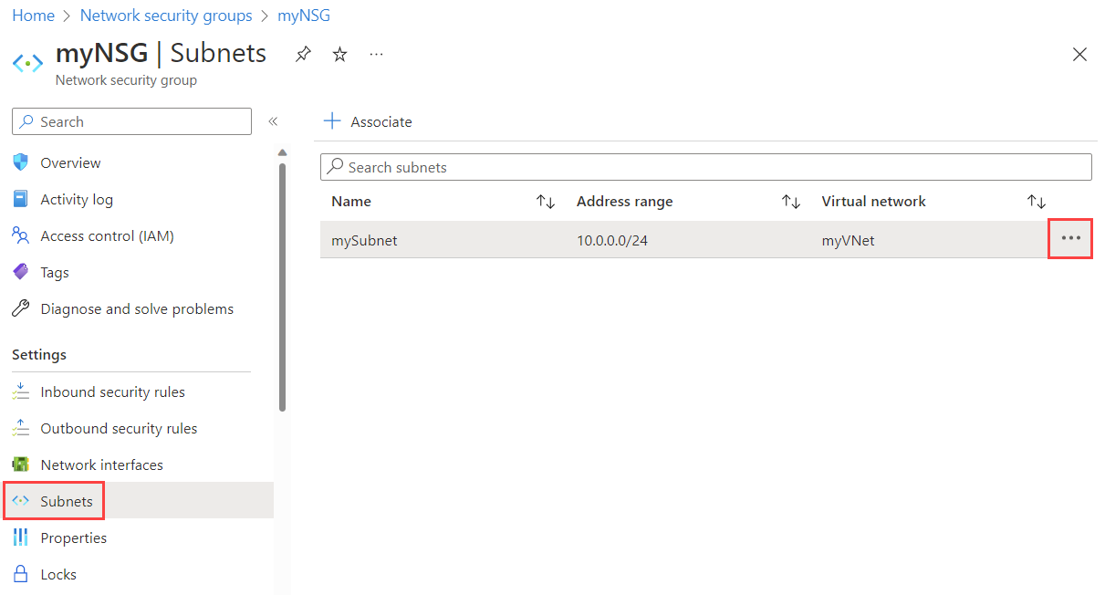 Screenshot der Dissoziierung einer NSG von einem Subnetz im Azure-Portal.