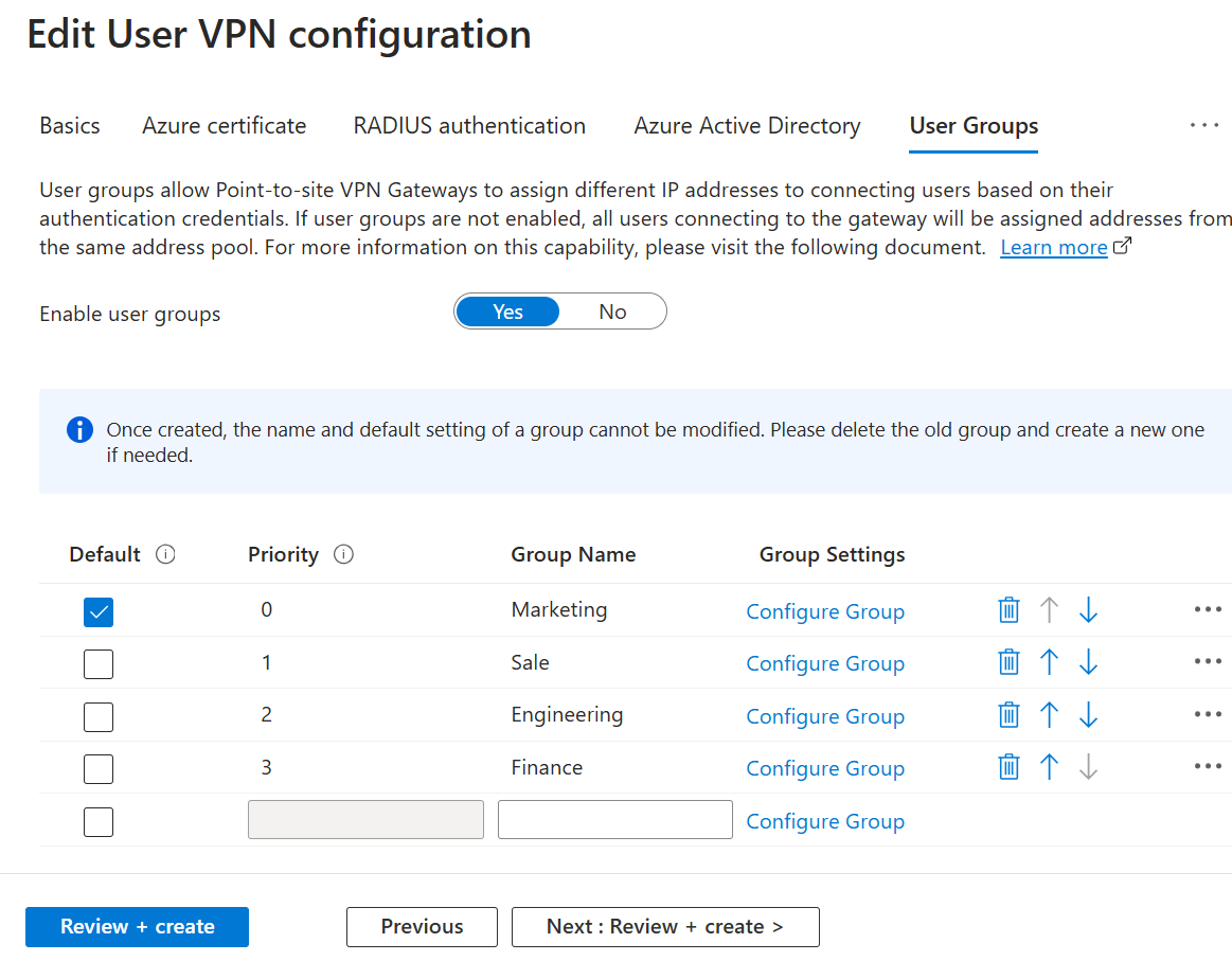 Screenshot: Auswählen der Standardgruppe