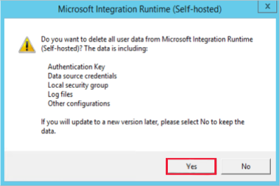 Screenshot des " Ja" zum Löschen aller Benutzerdaten aus der Integration Runtime.