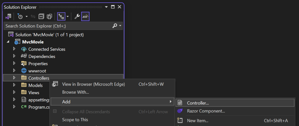Projektmappen-Explorer, Klicken mit der rechten Maustaste auf Controller > Hinzufügen&nbsp;> Controller