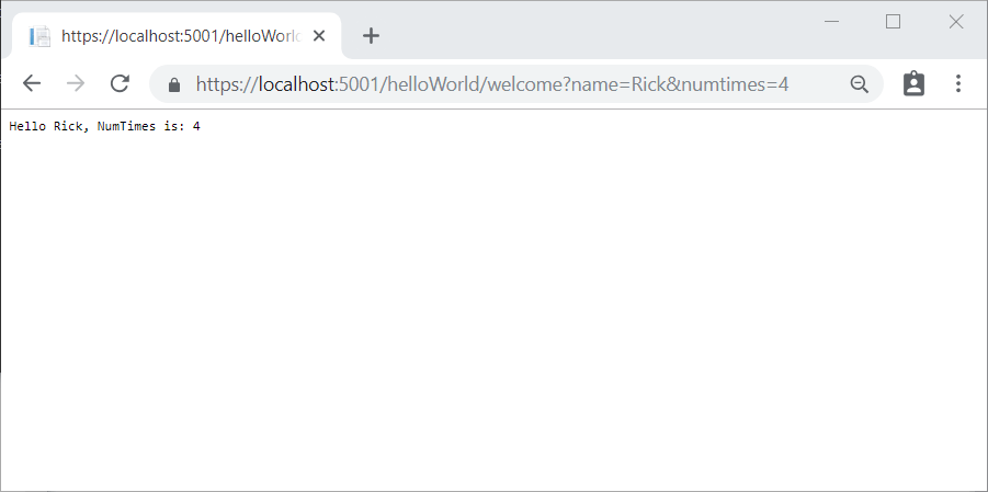 Browserfenster mit einer Anwendungsantwort: „Hallo Rick, NumTimes ist 4.“