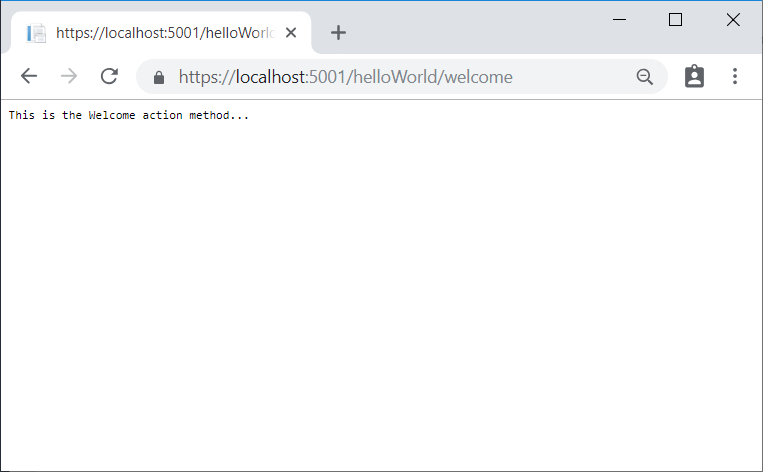 Browserfenster mit der Anwendungsantwort „This is the Welcome action method“