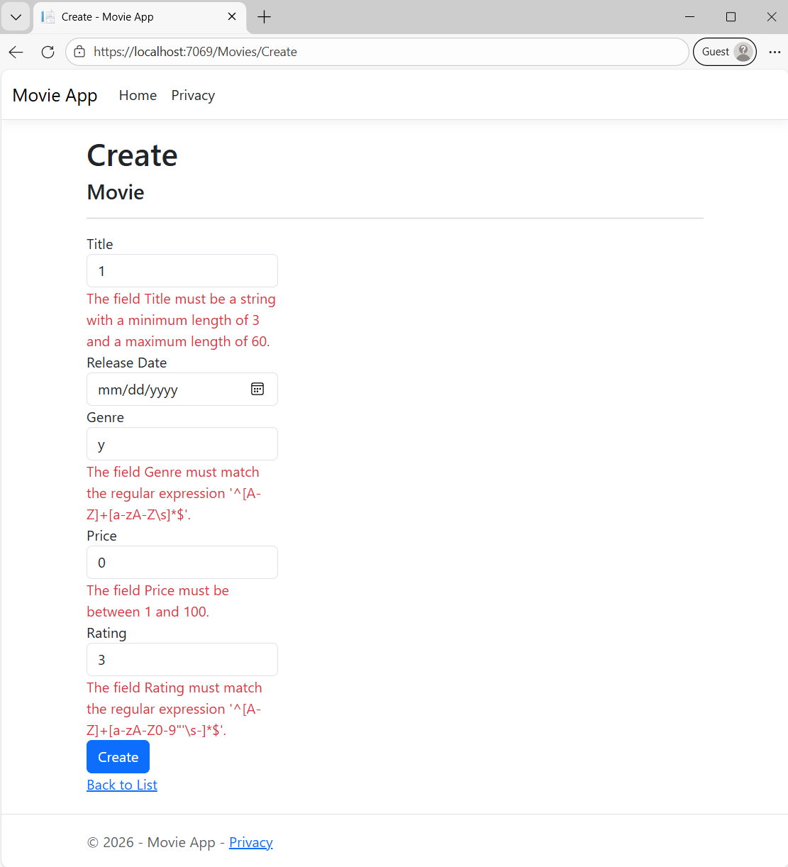 Filmansichtsformular mit mehreren jQuery clientseitigen Überprüfungsfehlern.