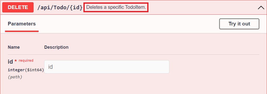 Swagger-Benutzeroberfläche mit dem XML-Kommentar „Löscht ein bestimmtes TodoItem“ für die DELETE-Methode.