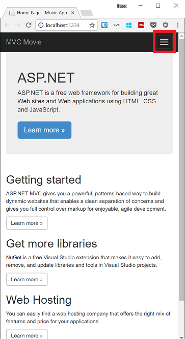 Screenshot, der die A S P dot NET-Startseite in einem kleineren Anzeigefenster zeigt. Die drei Zeilen, die das Navigationsmenü angeben, sind rot eingekreist.