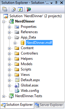 Screenshot der Navigationsstruktur des Projektmappen-Explorers. Nerd Dinner dot m d f ist hervorgehoben und ausgewählt.