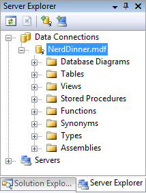Screenshot der Navigationsstruktur des Server-Explorers. Datenverbindungen werden erweitert, und Nerd Dinner dot m d f ist hervorgehoben.
