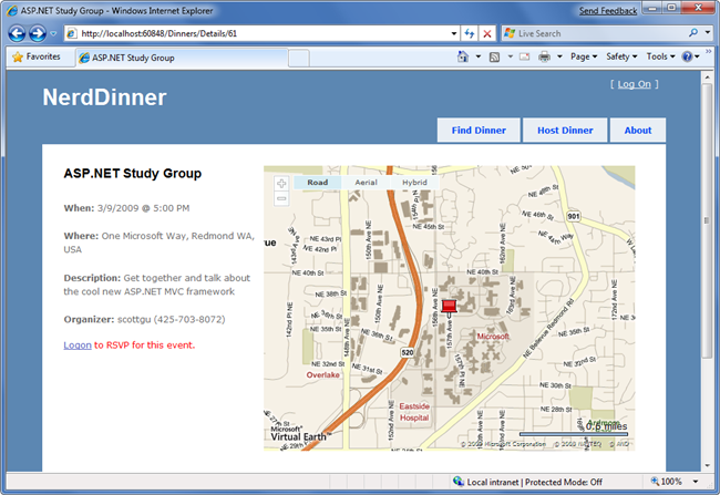Screenshot der Nerd Dinner-Webseite mit Details zum A S P dot NET Study Group Dinner.