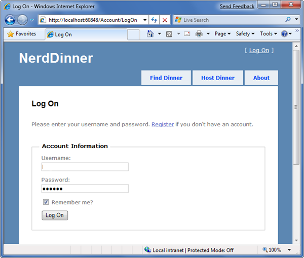 Screenshot der Nerd Dinner Login-Seite.