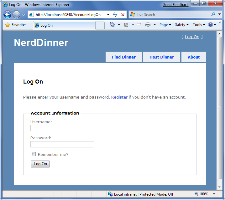 Screenshot der Nerd Dinner Login-Seite.