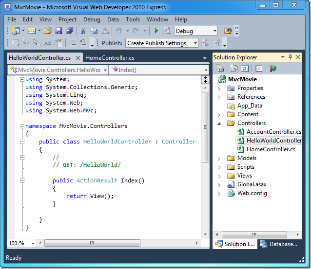 Screenshot, der die Registerkarte Hello World Controller.cs und das Fenster Projektmappen-Explorer zeigt. Hello World Controller.cs ist im Ordner 
