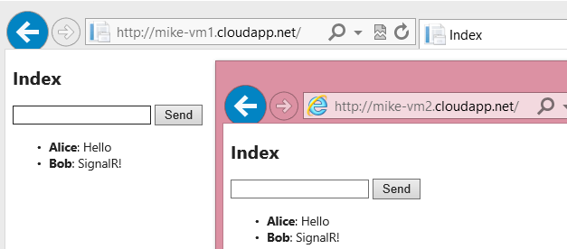 Screenshot von zwei geöffneten Browserfenstern mit der auf zwei Servern bereitgestellten Anwendung.