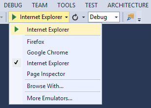 Screenshot von Visual Studio mit hervorgehobener Pfeilsymbolleiste und Dropdownmenü, in dem die Browserliste angezeigt wird.