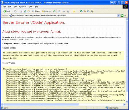 Der Versuch, ein beliebiges Produkt zu löschen, führt zu einer FormatException