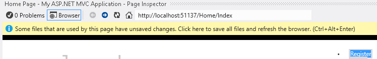 Screenshot des Page Inspector-Browsers, der die Leiste unterhalb der Adressleiste anzeigt, die zum Speichern der Änderungen und zum Neuladen der Seite verwendet wird.