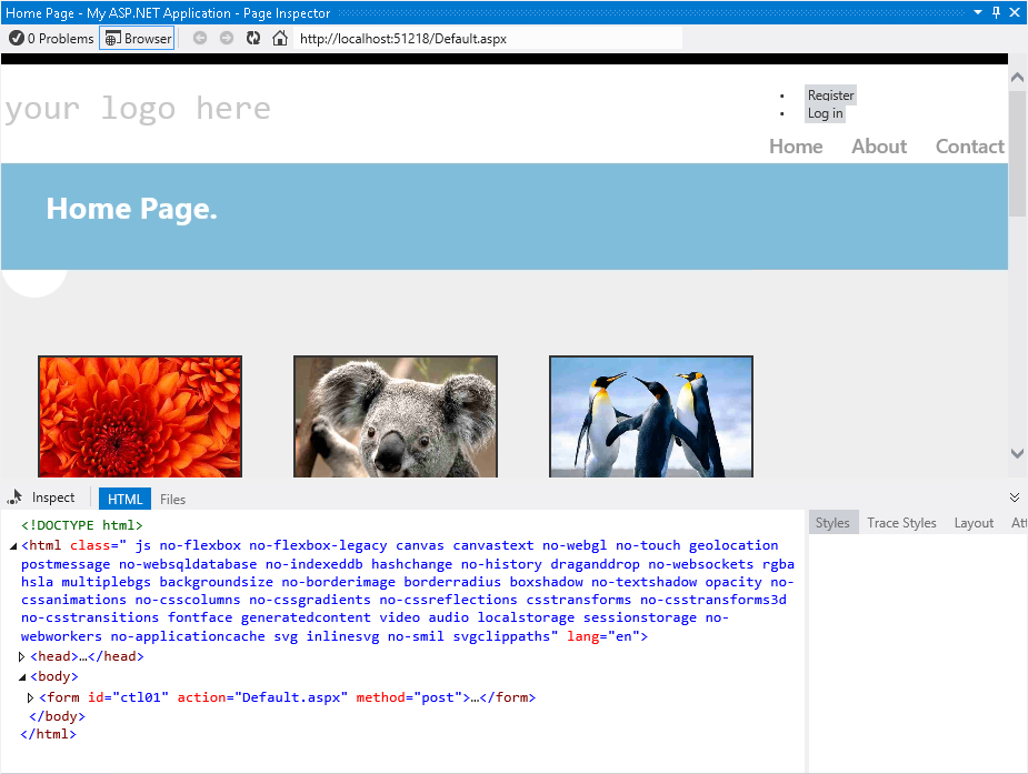 Anzeigen von Default.aspx im Page Inspector