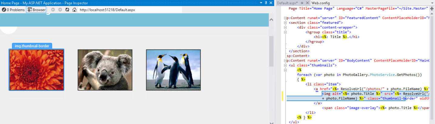 Screenshot des Fensters Seiteninspektion und des Visual Studio-Editors mit dem angezeigten Elementtyp und der entsprechende Code ist hervorgehoben.
