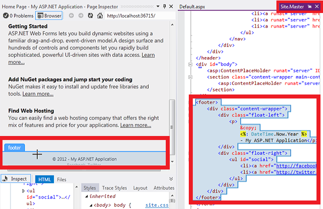 Fußzeilen-Hervorhebungen im Inspektionsmodus