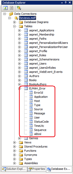 Screenshot, der zeigt, dass der S Q L Error Log-Anbieter Fehler protokolliert, die in die Tabelle geschrieben wurden.