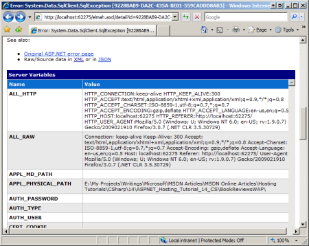 Screenshot, der zeigt, wie Sie die Werte der Servervariablenauflistung zum Zeitpunkt des Fehlers untersuchen.