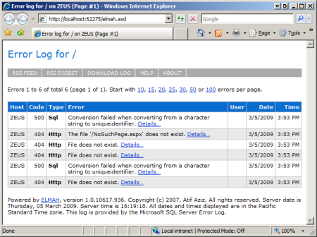 Screenshot, der das Fehlerprotokoll von einer Webseite anzeigt.