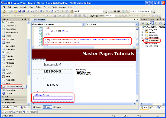 Fügen Sie ein ContentPlaceHolder-Control zur linken Spalte der Masterseite hinzu