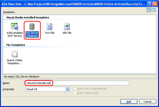 Neue SQL-Datenbank namens SecurityTutorials.mdf zum App_Data-Ordner hinzufügen