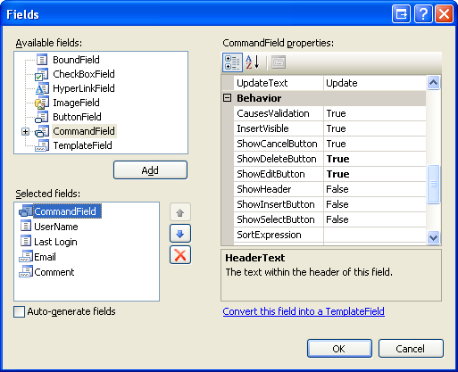 Die Felder von GridView können über das Dialogfeld 