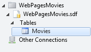 WebMatrix-Datenbankarbeitsbereich mit Baumansicht, die zur Tabelle 'Filme' geöffnet ist