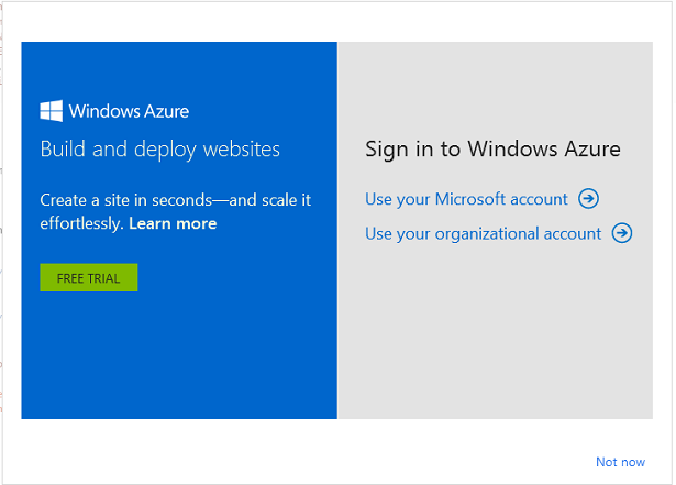 Screenshot des Microsoft Windows Azure-Anmeldedialogfelds mit den Microsoft-Konto- und Organisationskontoanmeldungen.