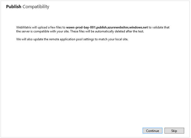 Screenshot des Webmatrixfensters mit einer Meldung, die angibt, dass ein Servertest gestartet wird, sobald der Benutzer die Schaltfläche 