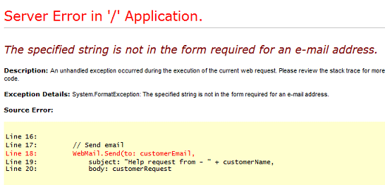 ASP.NET Fehlermeldung, wenn ein Problem mit E-Mails vorliegt