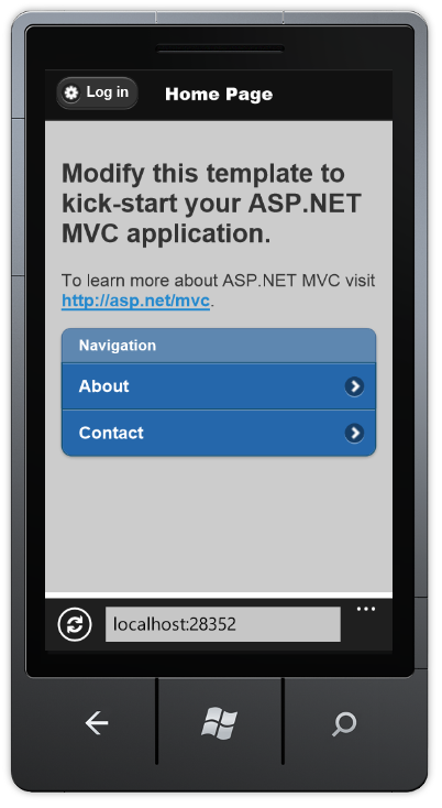 Screenshot der Ansicht des mobilen Browsers der Projektvorlage für mobile Anwendungen.