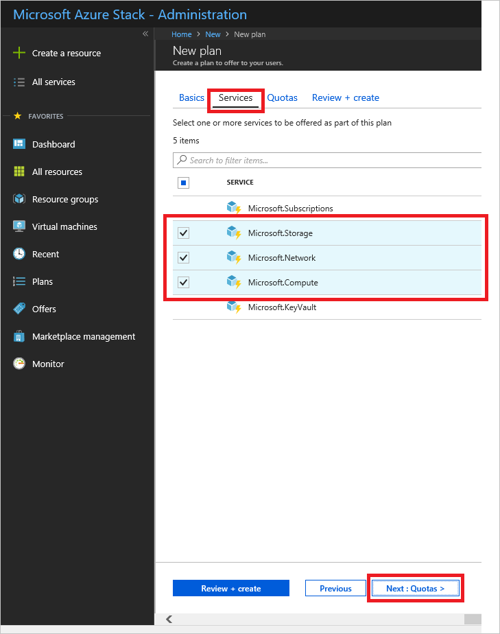 Screenshot, der zeigt, wie Sie Dienste für einen neuen Plan in Azure Stack Hub auswählen.